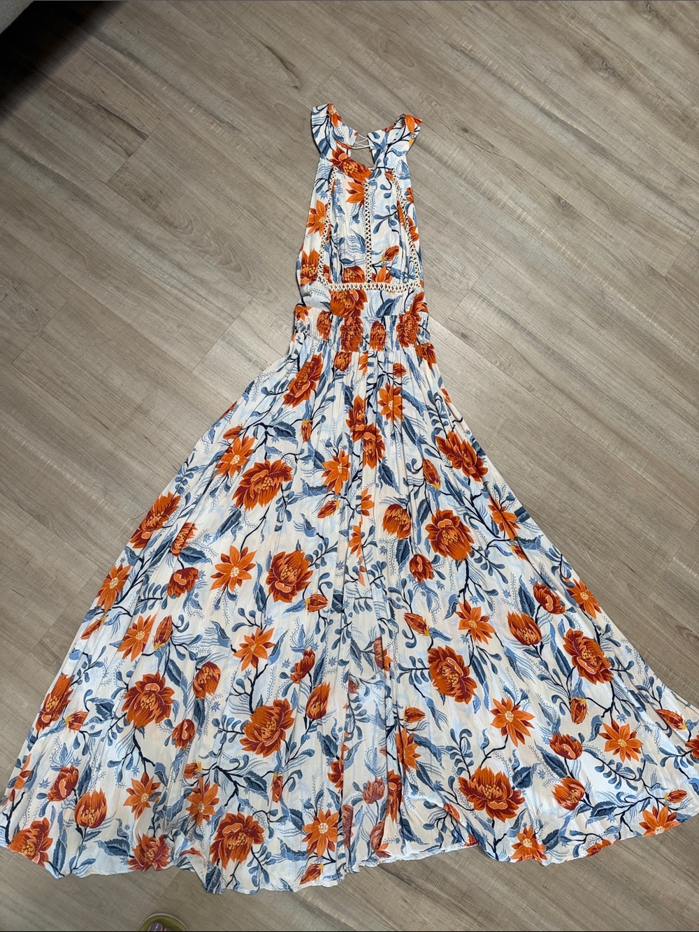 Sleeveless White Maxi Dress with Orange  & Blue Floral Print